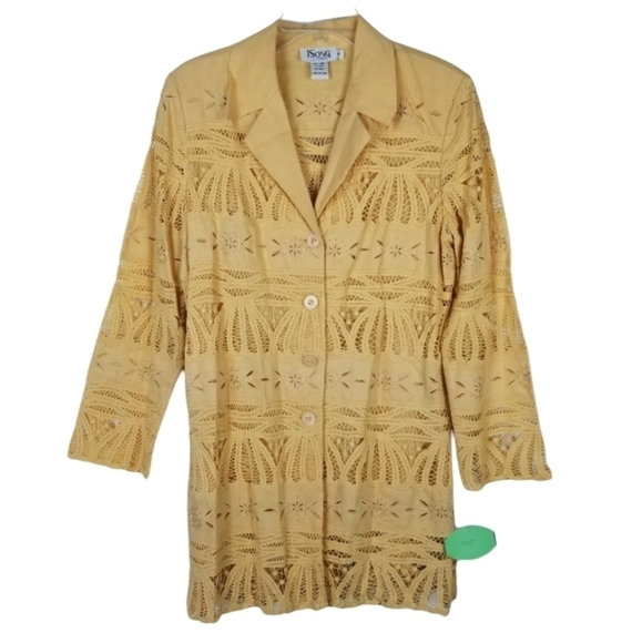 JSong Linen Eyelet Blazer Jacket Lace Button Long Yellow Size 10 Artsy Coastal - Picture 1 of 6